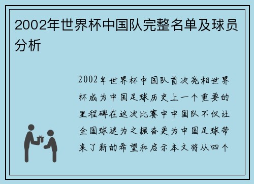 2002年世界杯中国队完整名单及球员分析